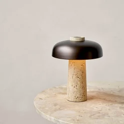 Reverse table lamp | travertine and bronzed brass