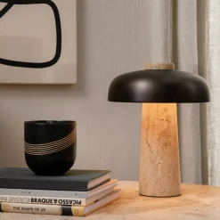 Reverse table lamp | travertine and bronzed brass