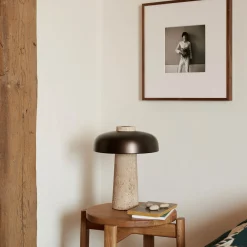 Reverse table lamp | travertine and bronzed brass