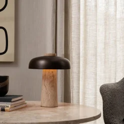 Reverse table lamp | travertine and bronzed brass
