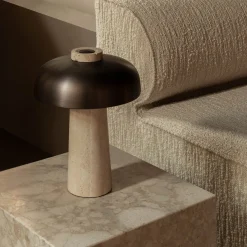 Reverse table lamp | travertine and bronzed brass