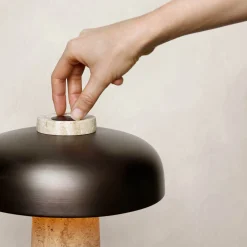 Reverse table lamp | travertine and bronzed brass