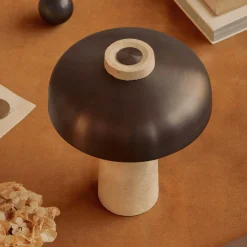 Reverse table lamp | travertine and bronzed brass