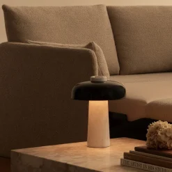 Reverse table lamp | travertine and bronzed brass